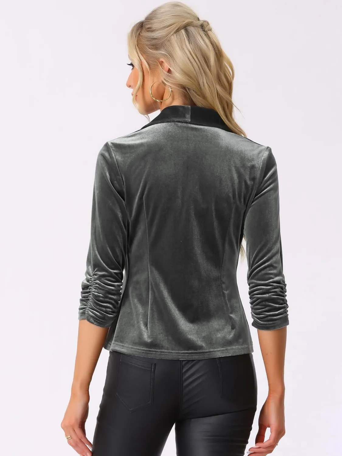 Allegra K Velvet Jackets for Women's 3/4 Sleeve Open Front Velvet Cardigan