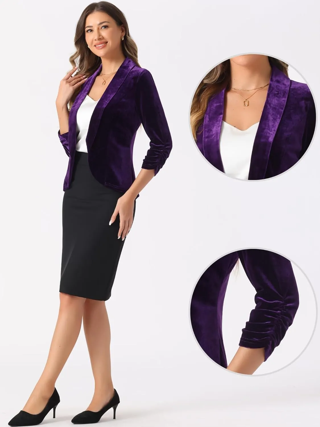 Allegra K Velvet Jackets for Women's 3/4 Sleeve Open Front Velvet Cardigan