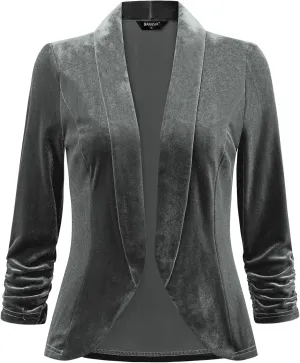 Allegra K Velvet Jackets for Women's 3/4 Sleeve Open Front Velvet Cardigan