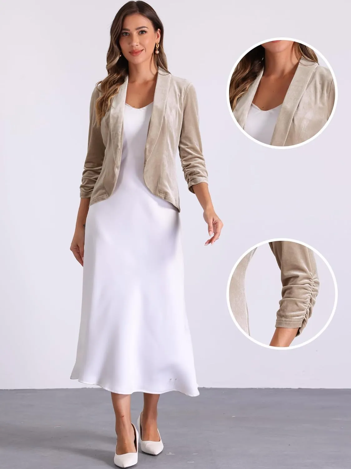Allegra K Velvet Jackets for Women's 3/4 Sleeve Open Front Velvet Cardigan