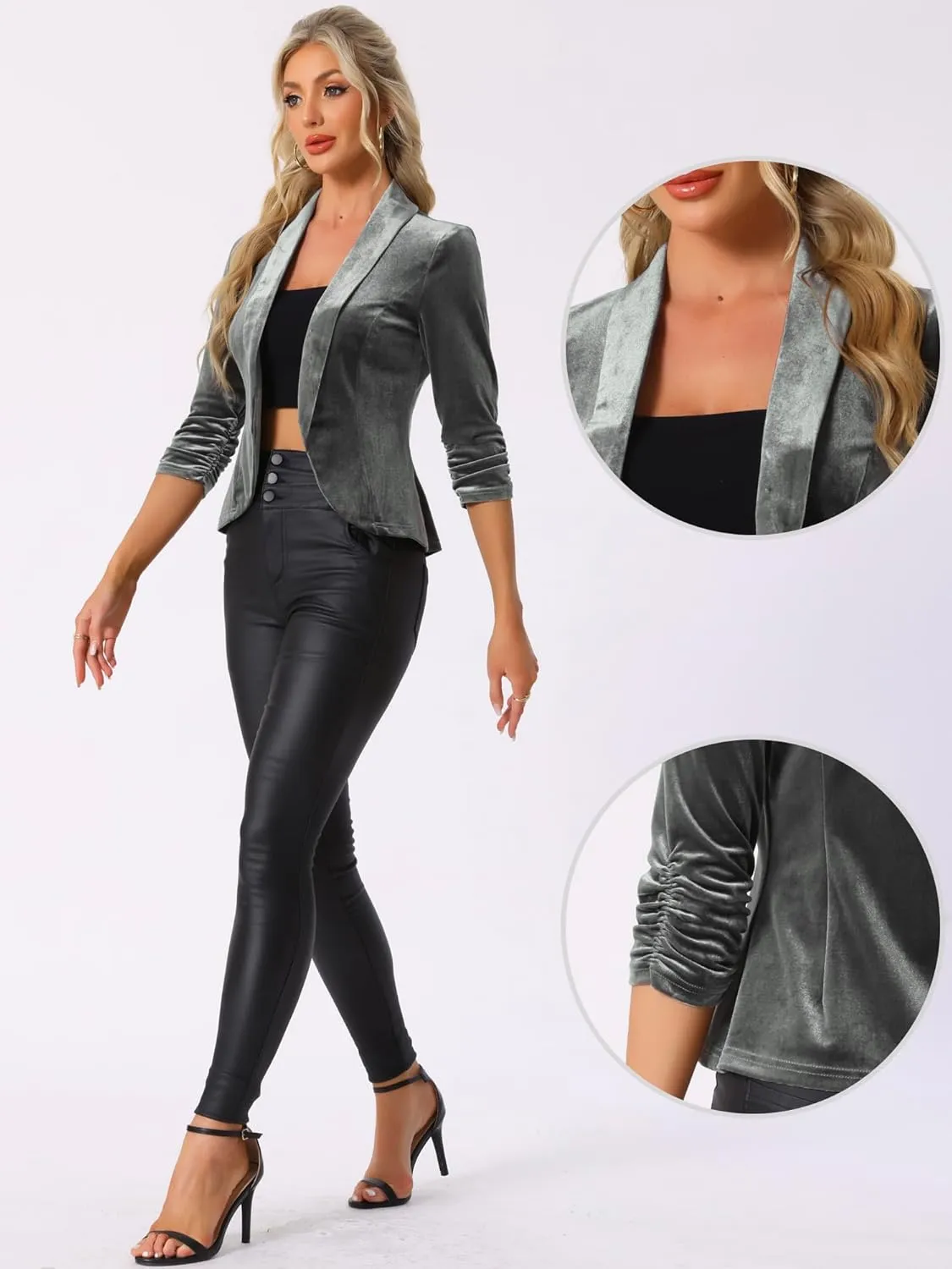 Allegra K Velvet Jackets for Women's 3/4 Sleeve Open Front Velvet Cardigan