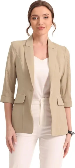 Allegra K Women's 3/4 Sleeve Blazer Jackets Business Casual Rhinestone Formal Suit