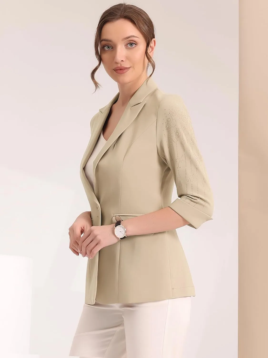 Allegra K Women's 3/4 Sleeve Blazer Jackets Business Casual Rhinestone Formal Suit