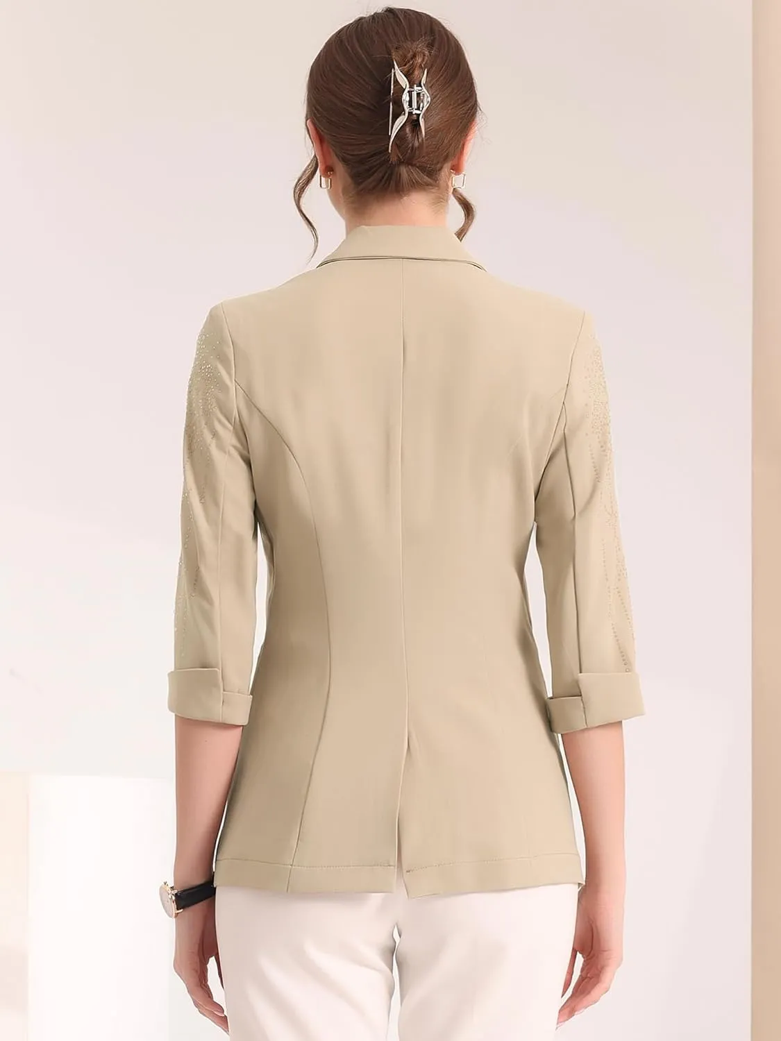 Allegra K Women's 3/4 Sleeve Blazer Jackets Business Casual Rhinestone Formal Suit