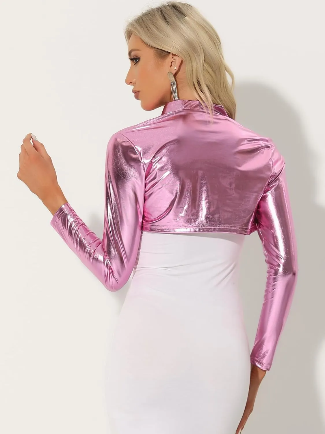 Allegra K Women's Bolero Jackets Holographic Shrug Open Front Metallic Shiny Cropped Cardigan