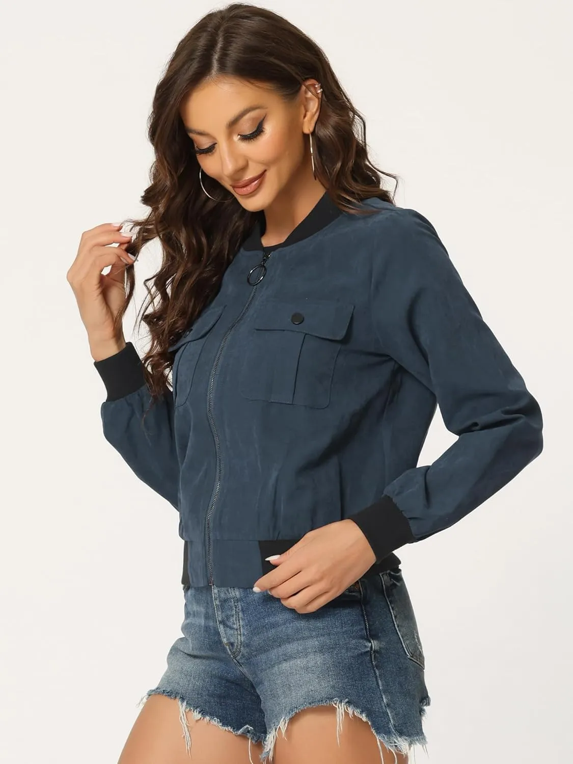 Allegra K Women's Bomber Jacket Long Sleeve Casual Lightweight Zip Up Fall Coat Outerwear Windbreaker