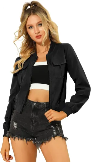 Allegra K Women's Bomber Jacket Long Sleeve Casual Lightweight Zip Up Fall Coat Outerwear Windbreaker