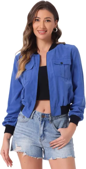 Allegra K Women's Bomber Jacket Long Sleeve Casual Lightweight Zip Up Fall Coat Outerwear Windbreaker