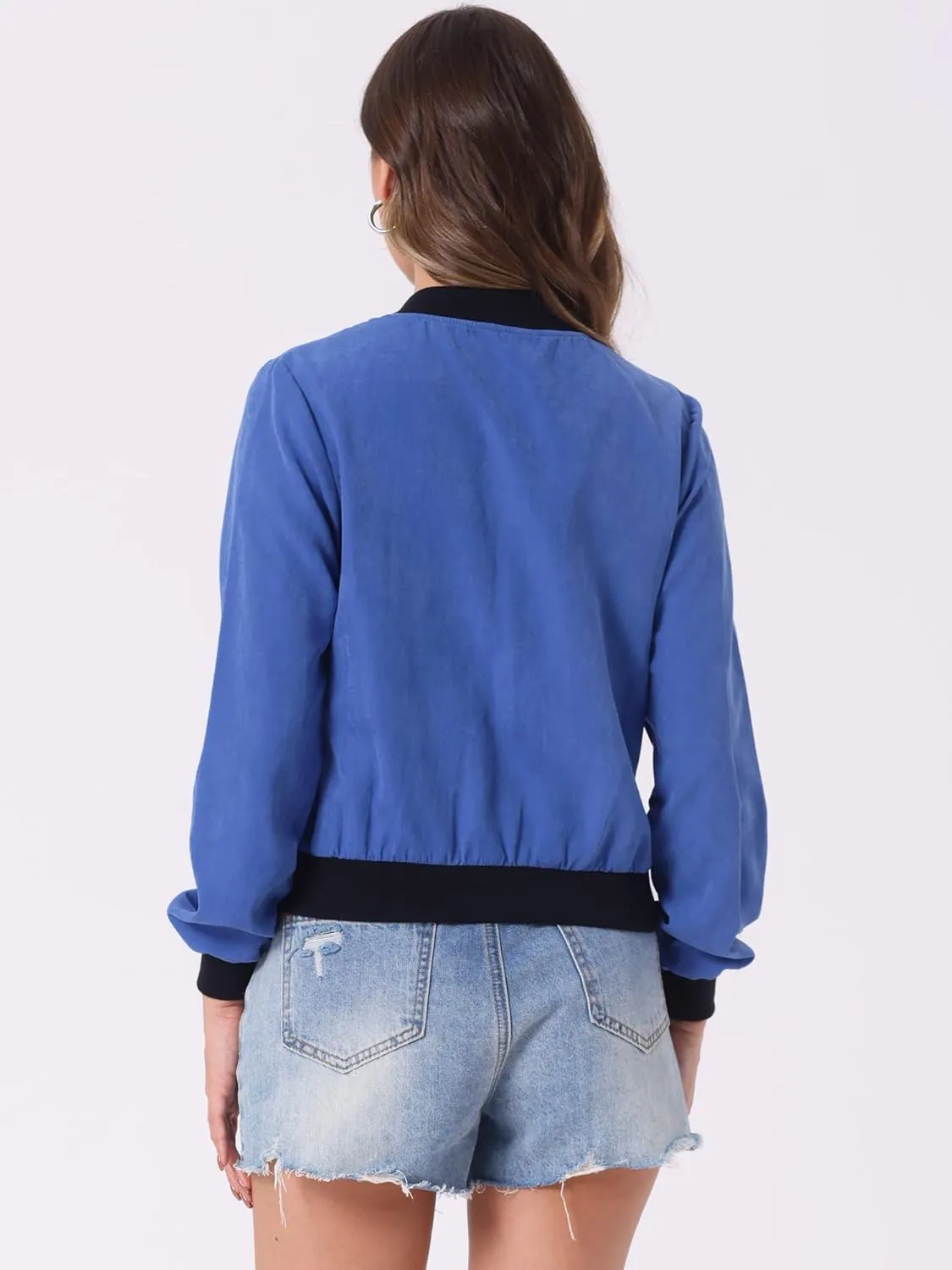 Allegra K Women's Bomber Jacket Long Sleeve Casual Lightweight Zip Up Fall Coat Outerwear Windbreaker