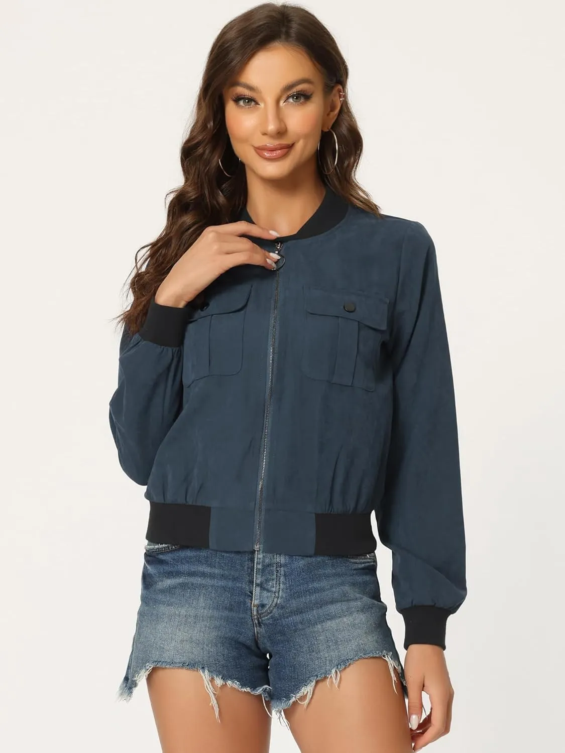 Allegra K Women's Bomber Jacket Long Sleeve Casual Lightweight Zip Up Fall Coat Outerwear Windbreaker