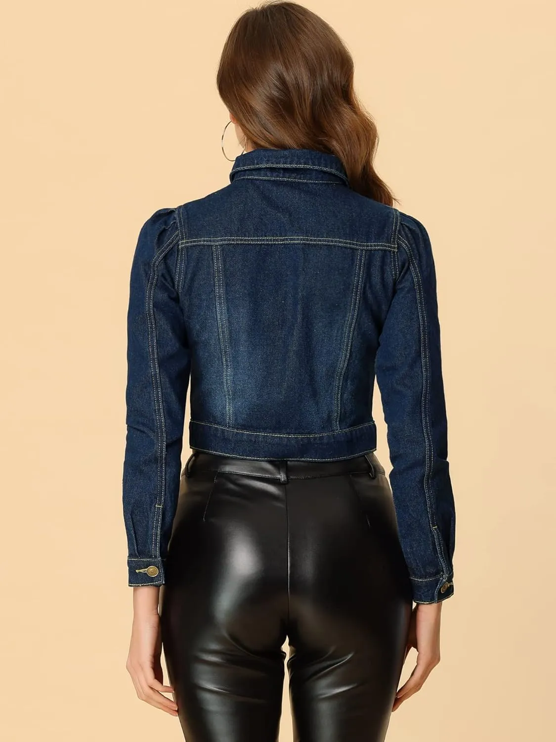 Allegra K Women's Jean Jackets Puff Sleeve Button Up Cropped Denim Jacket