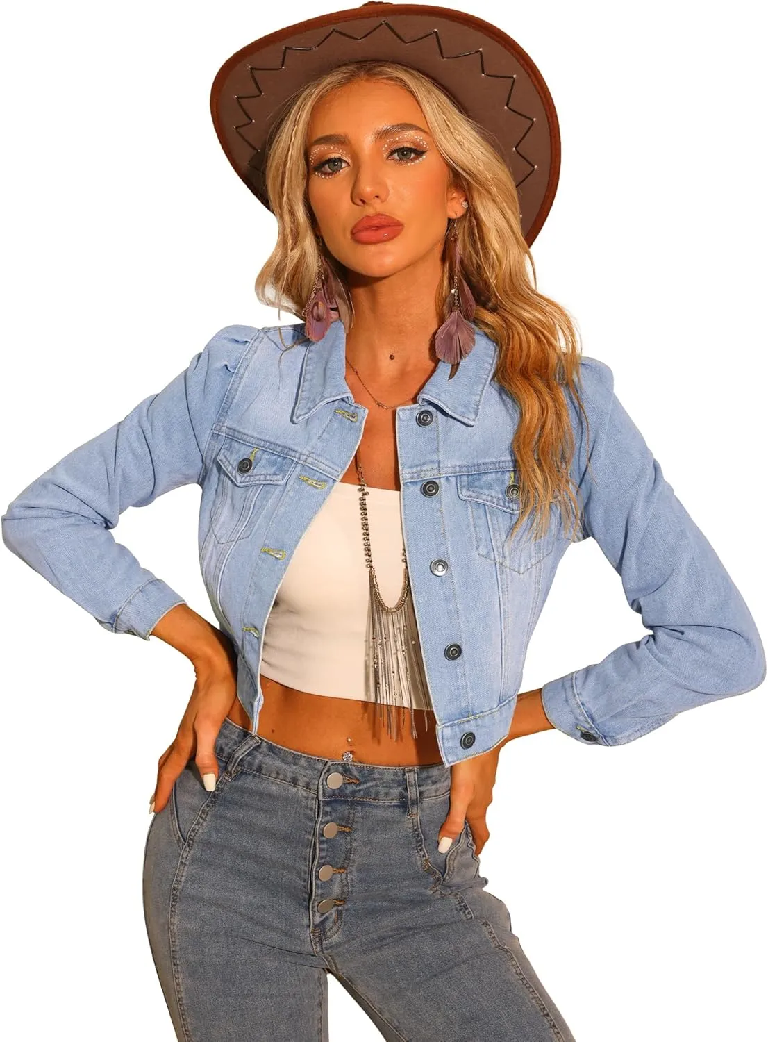 Allegra K Women's Jean Jackets Puff Sleeve Button Up Cropped Denim Jacket
