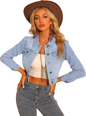 Allegra K Women's Jean Jackets Puff Sleeve Button Up Cropped Denim Jacket
