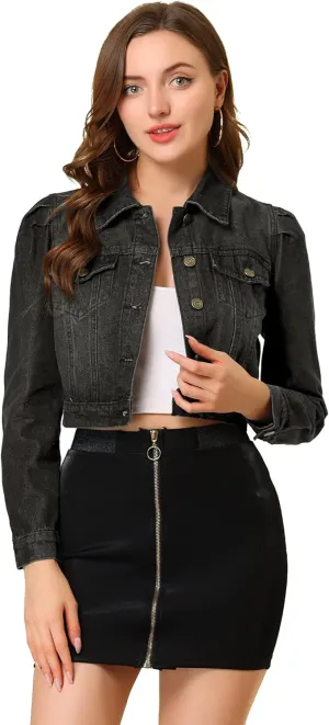 Allegra K Women's Jean Jackets Puff Sleeve Button Up Cropped Denim Jacket