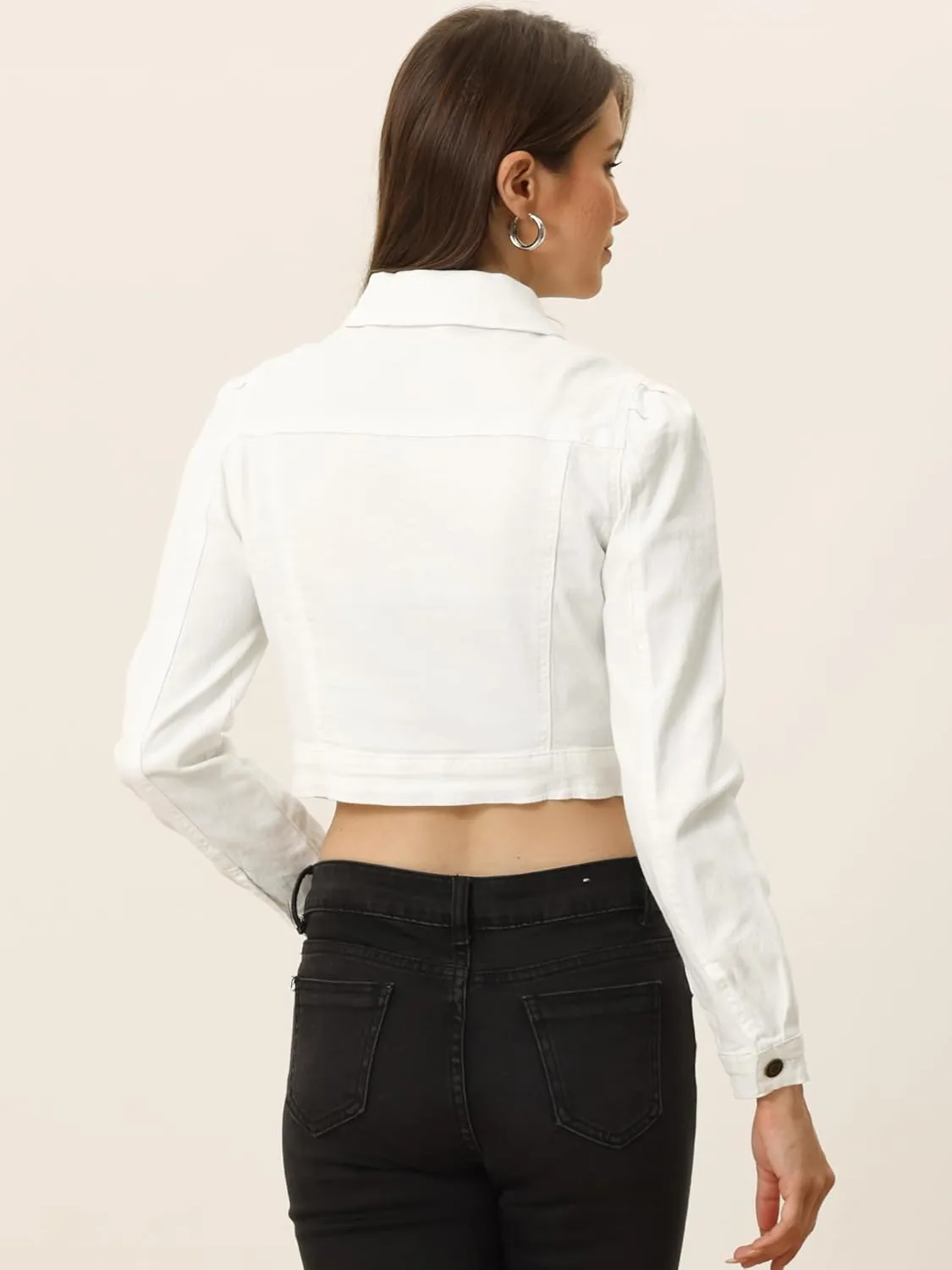 Allegra K Women's Jean Jackets Puff Sleeve Button Up Cropped Denim Jacket