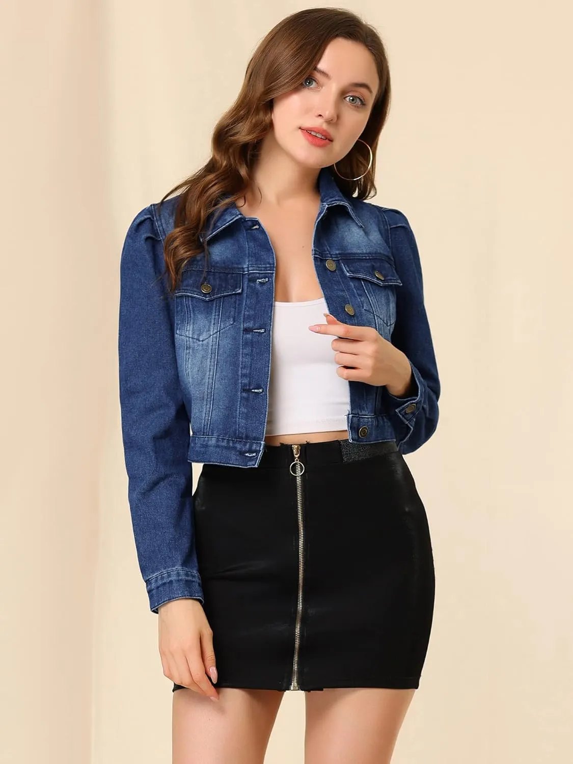 Allegra K Women's Jean Jackets Puff Sleeve Button Up Cropped Denim Jacket
