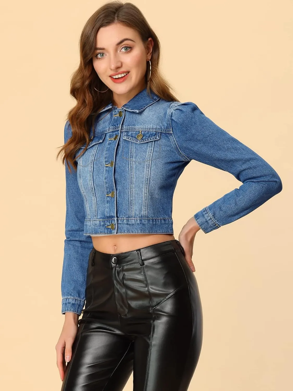 Allegra K Women's Jean Jackets Puff Sleeve Button Up Cropped Denim Jacket