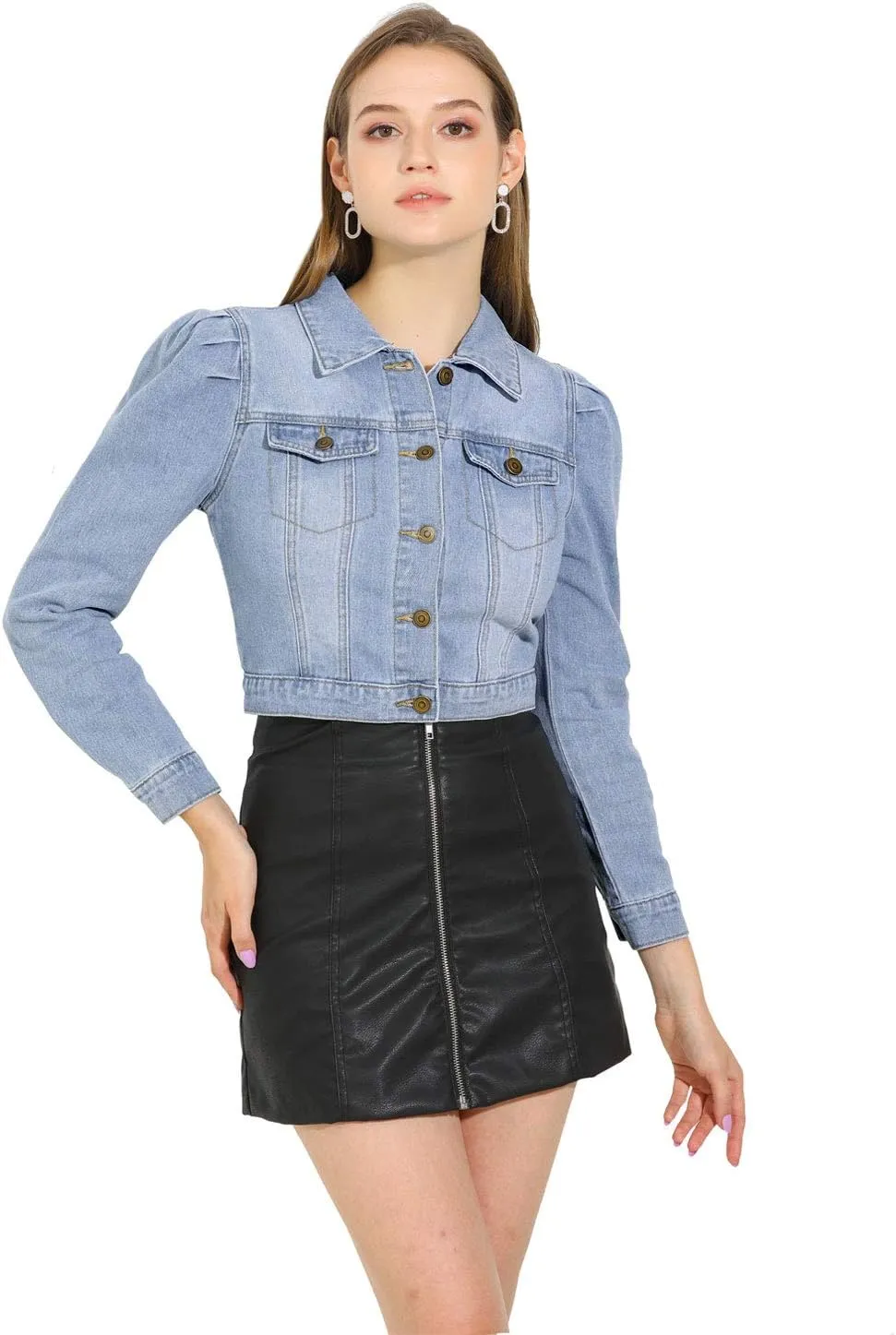 Allegra K Women's Jean Jackets Puff Sleeve Button Up Cropped Denim Jacket