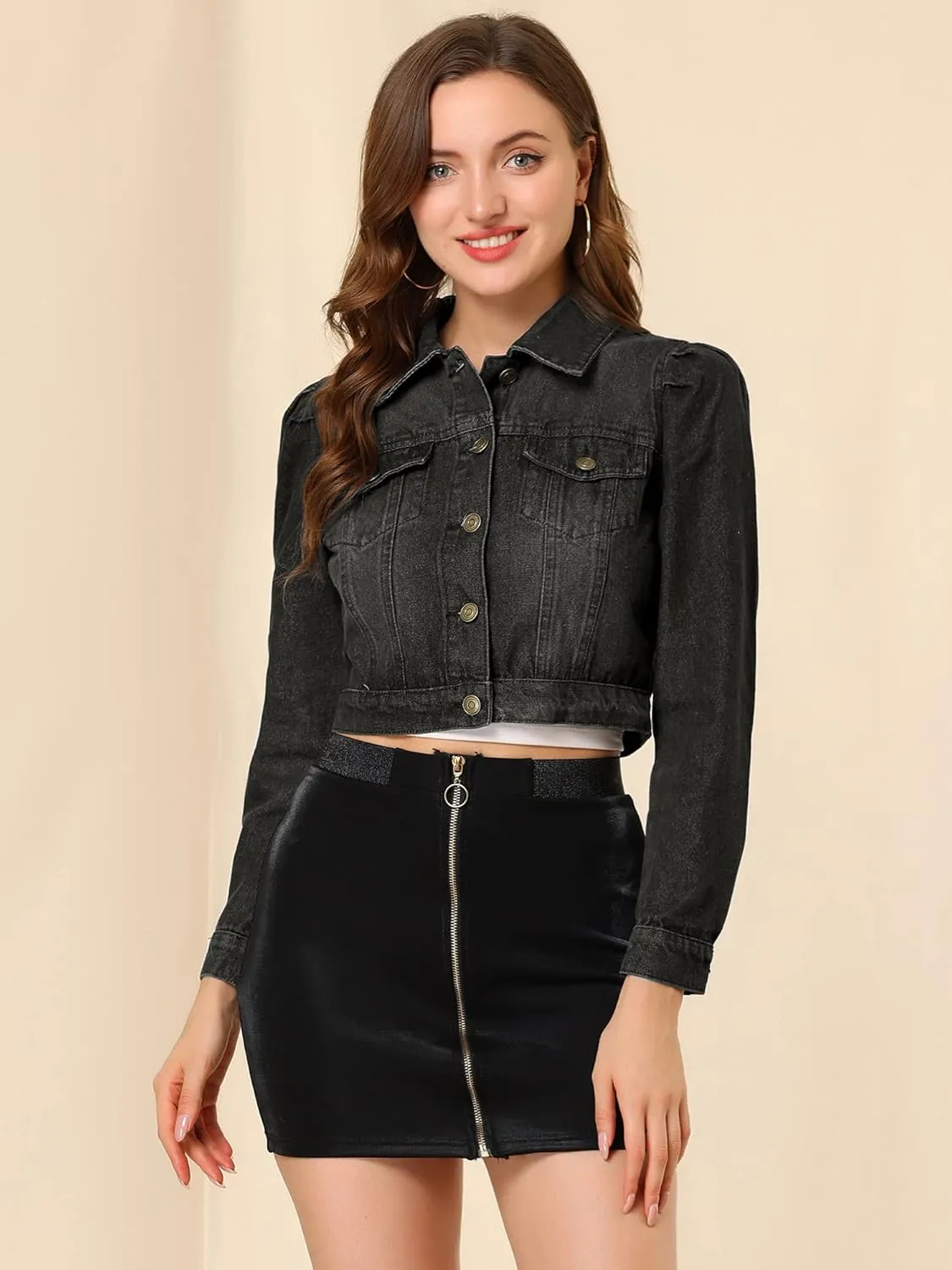 Allegra K Women's Jean Jackets Puff Sleeve Button Up Cropped Denim Jacket