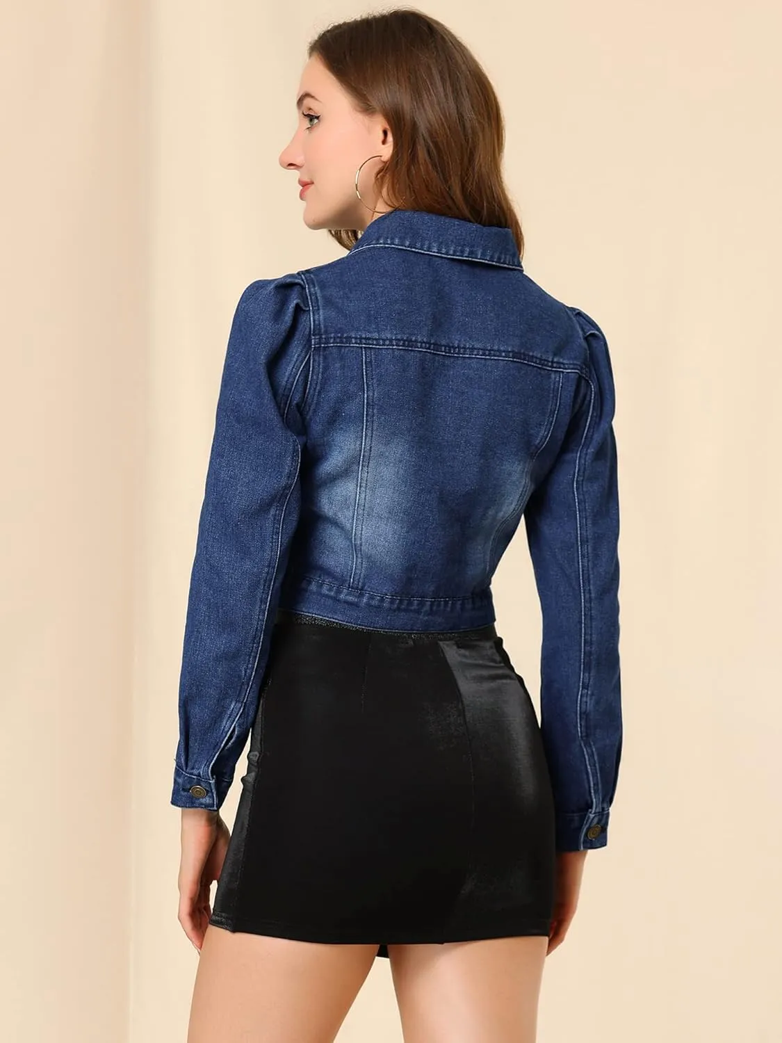 Allegra K Women's Jean Jackets Puff Sleeve Button Up Cropped Denim Jacket