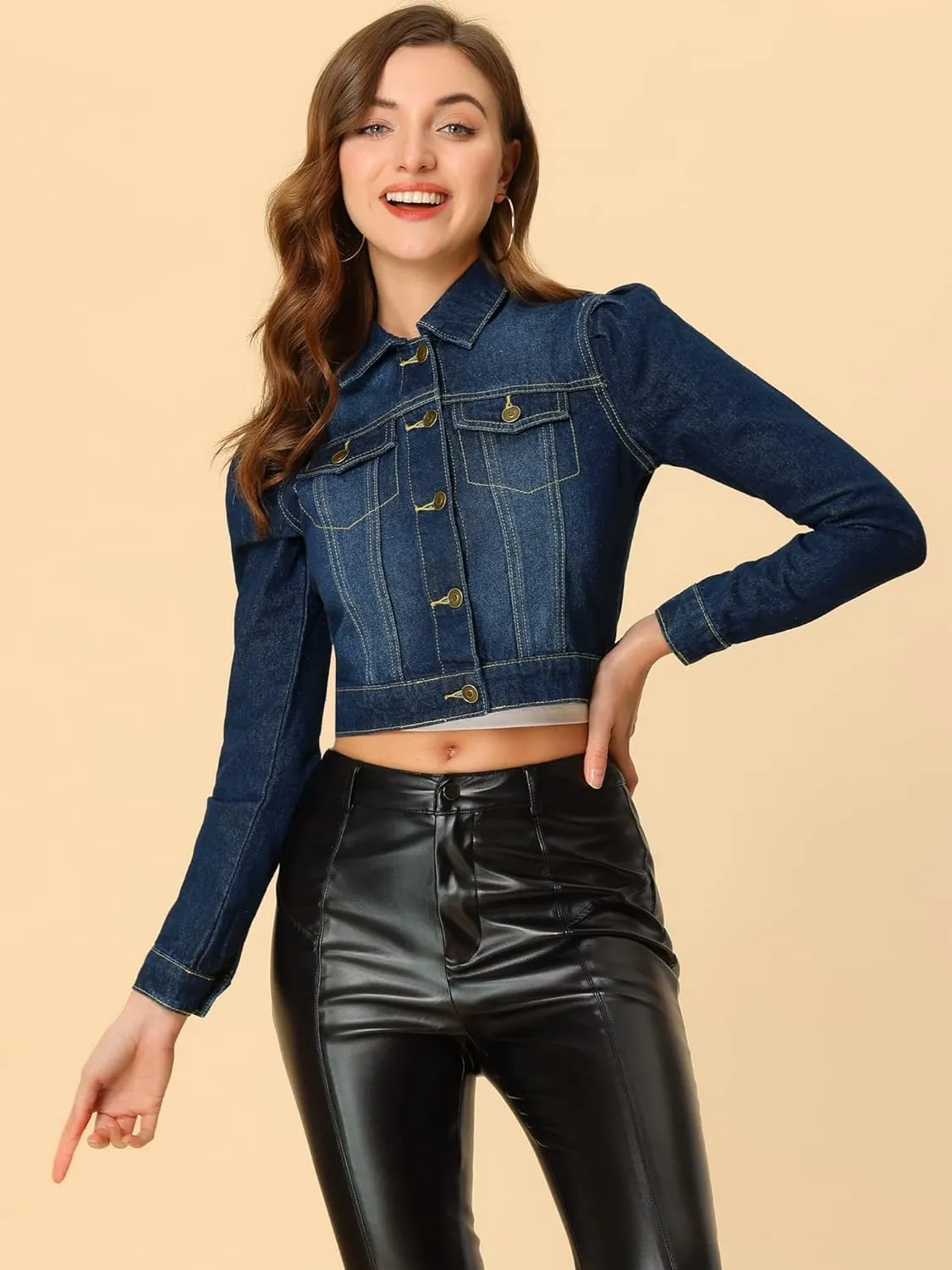 Allegra K Women's Jean Jackets Puff Sleeve Button Up Cropped Denim Jacket
