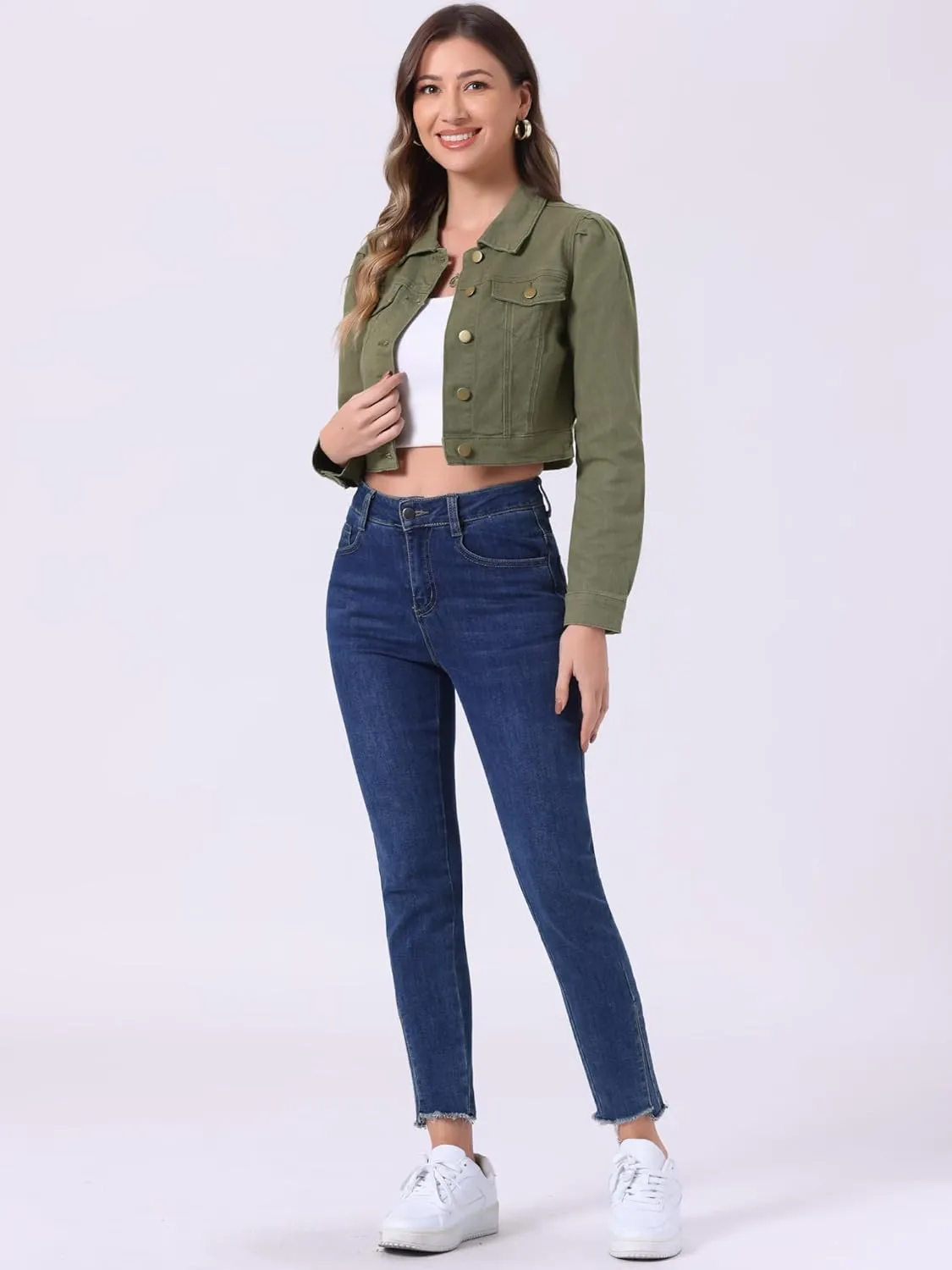 Allegra K Women's Jean Jackets Puff Sleeve Button Up Cropped Denim Jacket