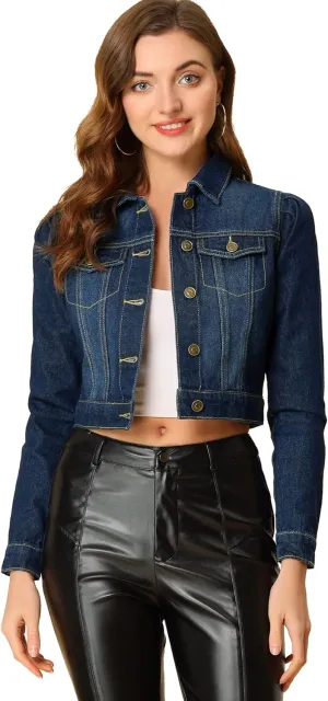 Allegra K Women's Jean Jackets Puff Sleeve Button Up Cropped Denim Jacket