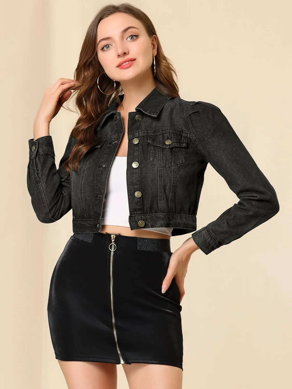Allegra K Women's Jean Jackets Puff Sleeve Button Up Cropped Denim Jacket