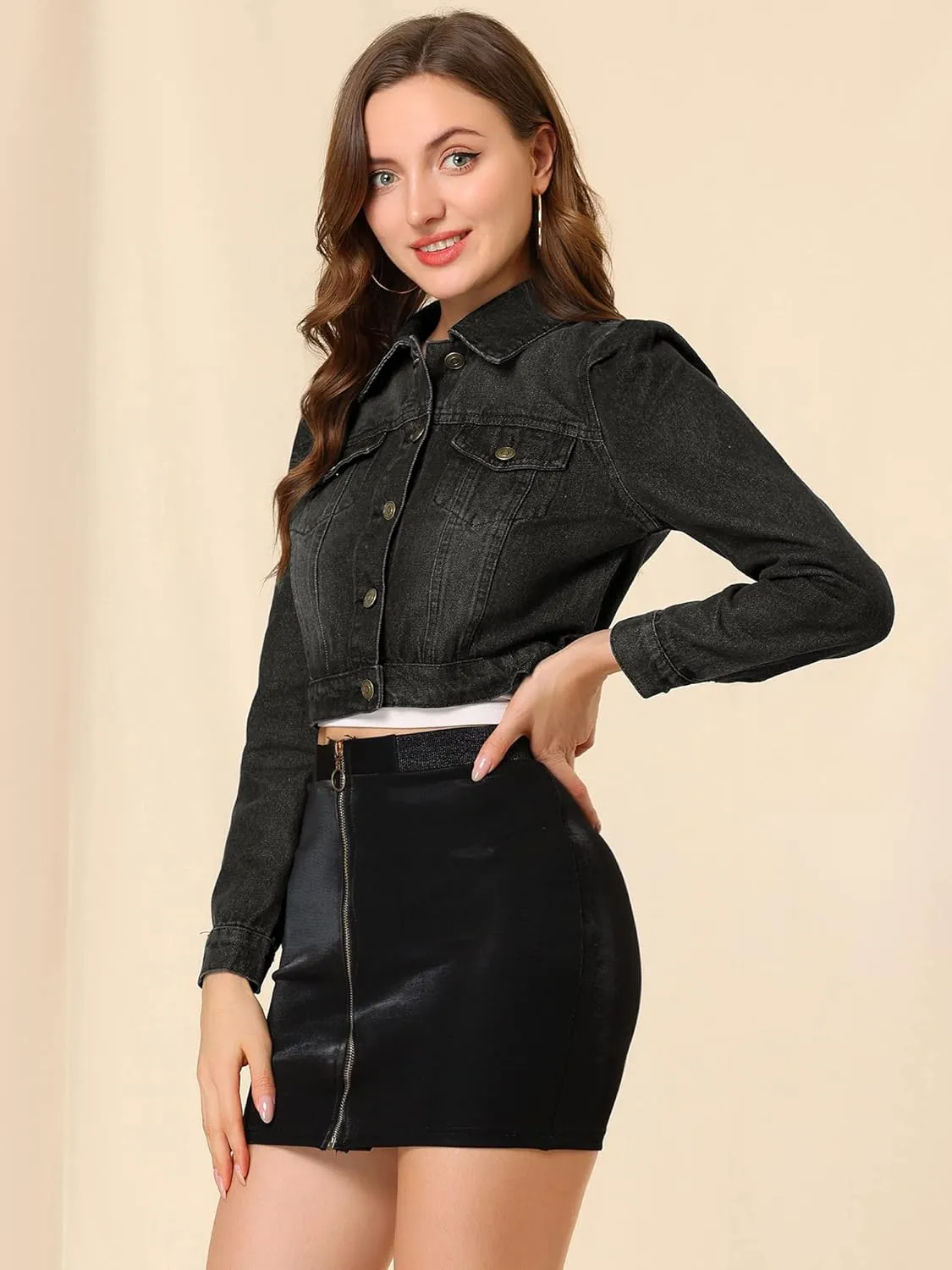Allegra K Women's Jean Jackets Puff Sleeve Button Up Cropped Denim Jacket