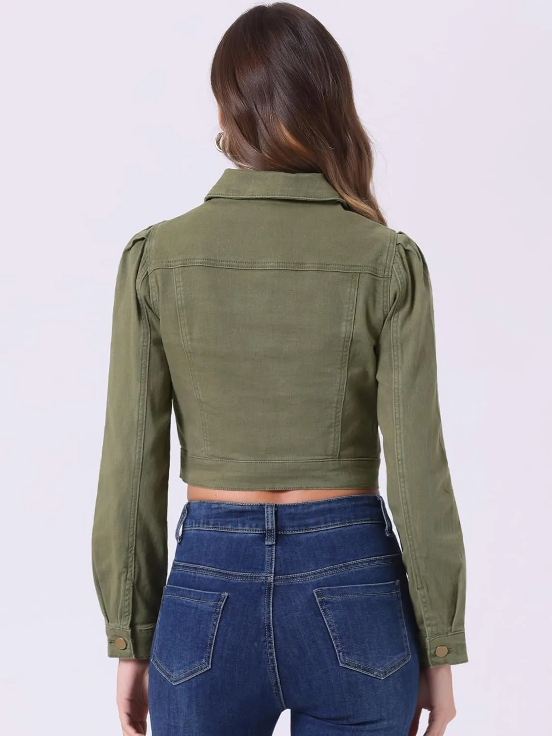 Allegra K Women's Jean Jackets Puff Sleeve Button Up Cropped Denim Jacket