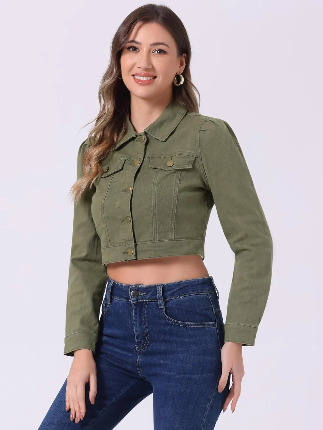 Allegra K Women's Jean Jackets Puff Sleeve Button Up Cropped Denim Jacket