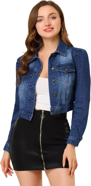 Allegra K Women's Jean Jackets Puff Sleeve Button Up Cropped Denim Jacket