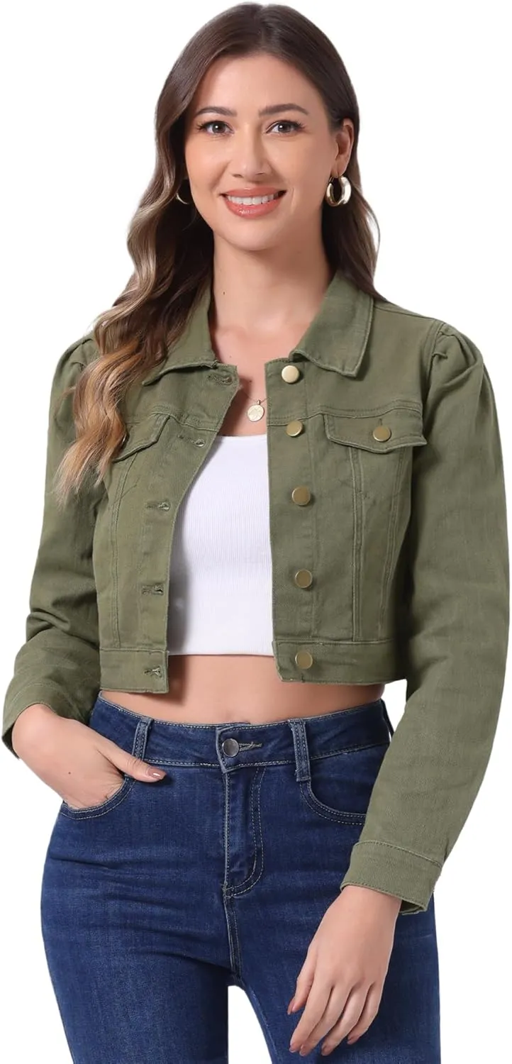 Allegra K Women's Jean Jackets Puff Sleeve Button Up Cropped Denim Jacket