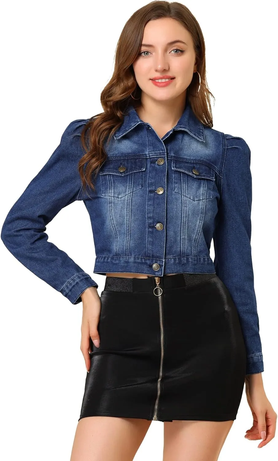 Allegra K Women's Jean Jackets Puff Sleeve Button Up Cropped Denim Jacket