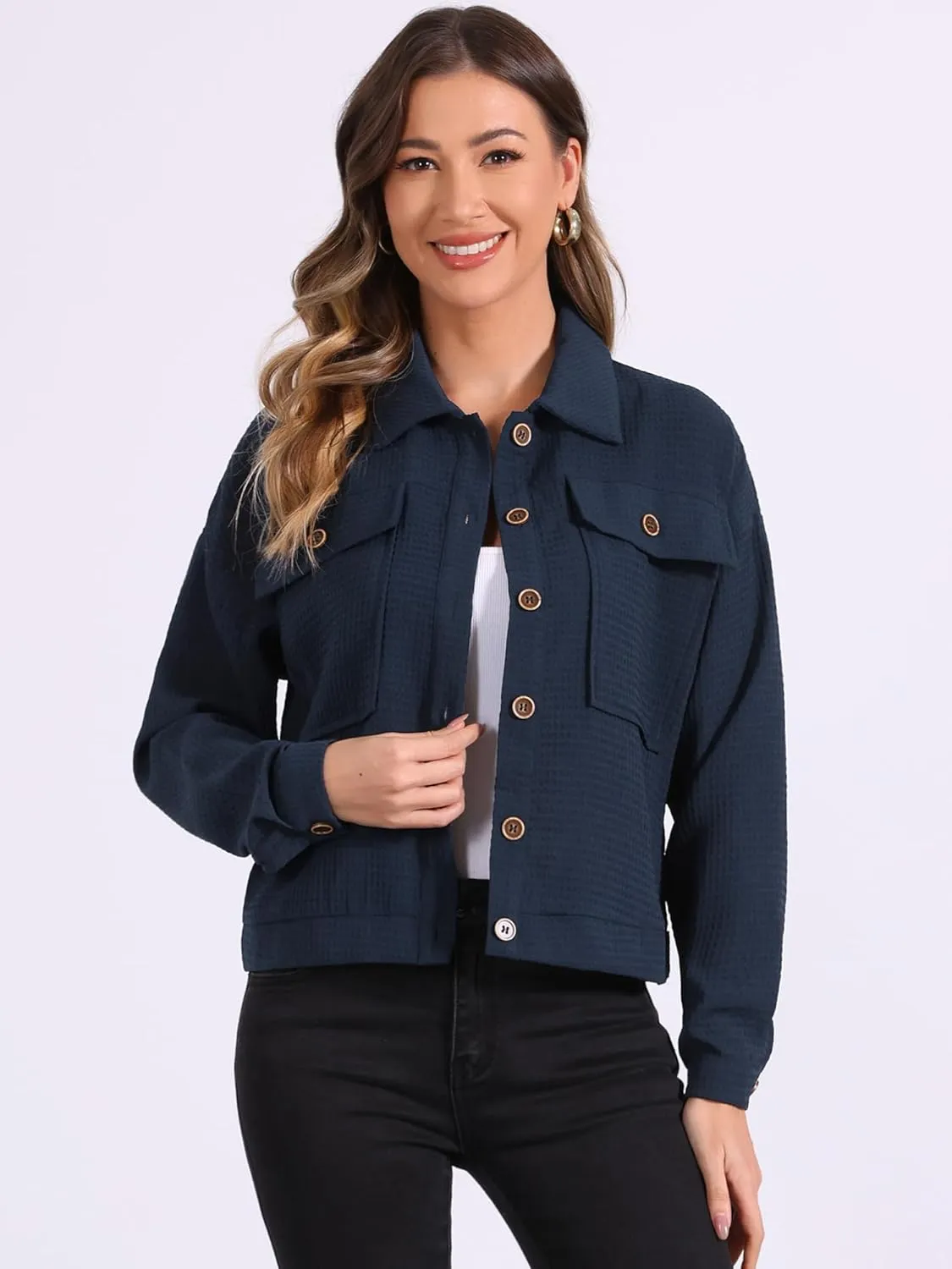 Allegra K Women's Waffle Shacket Jacket Drop Shoulder Pockets Collared Shirt Jackets