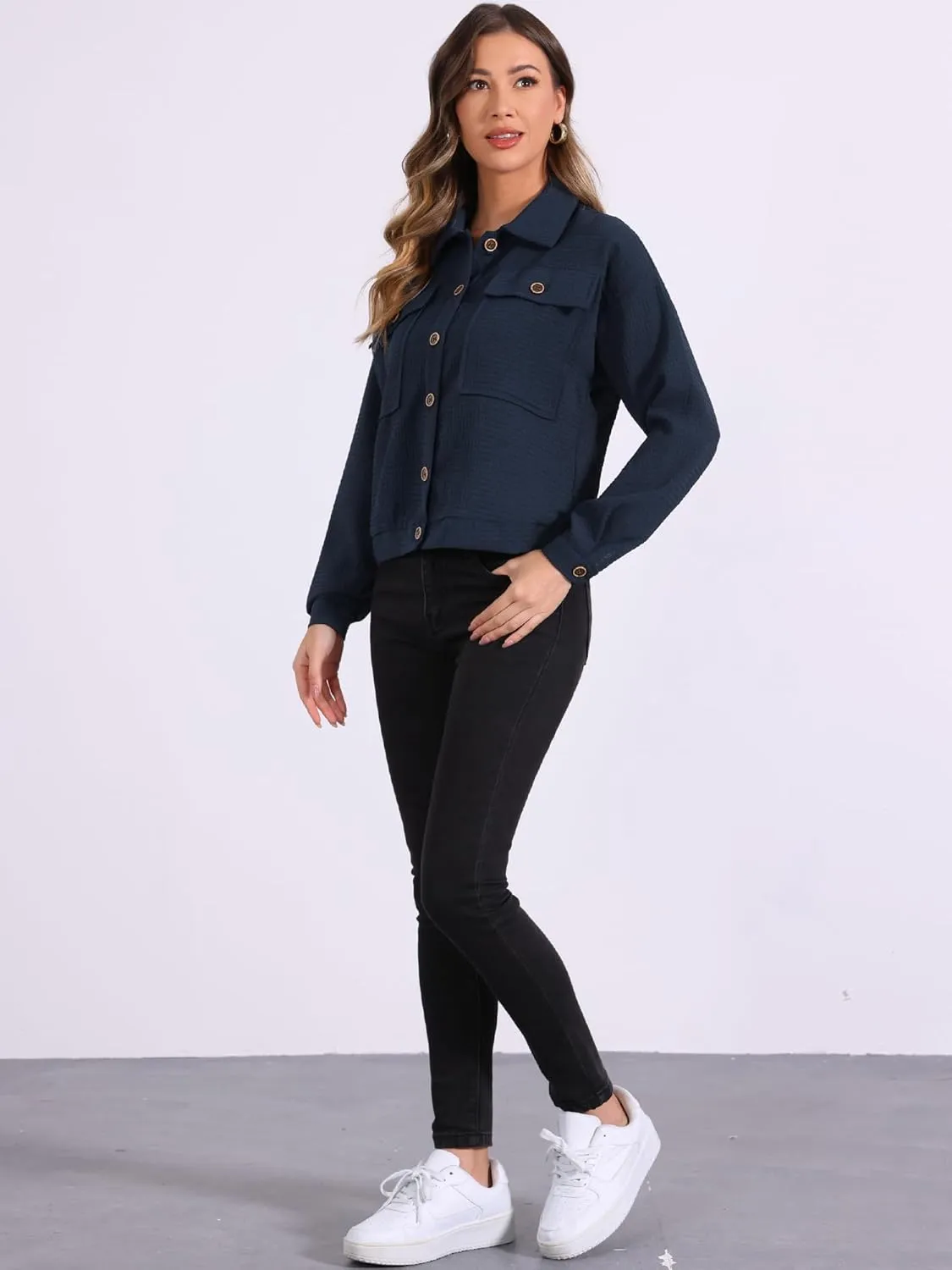 Allegra K Women's Waffle Shacket Jacket Drop Shoulder Pockets Collared Shirt Jackets