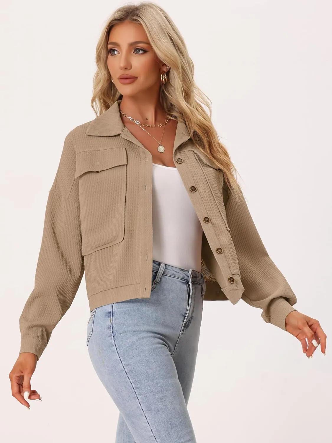 Allegra K Women's Waffle Shacket Jacket Drop Shoulder Pockets Collared Shirt Jackets