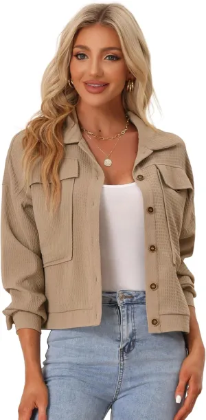 Allegra K Women's Waffle Shacket Jacket Drop Shoulder Pockets Collared Shirt Jackets