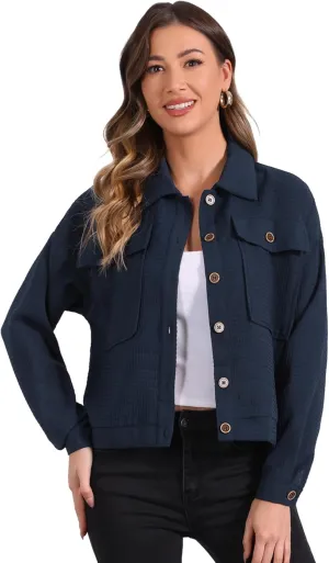 Allegra K Women's Waffle Shacket Jacket Drop Shoulder Pockets Collared Shirt Jackets
