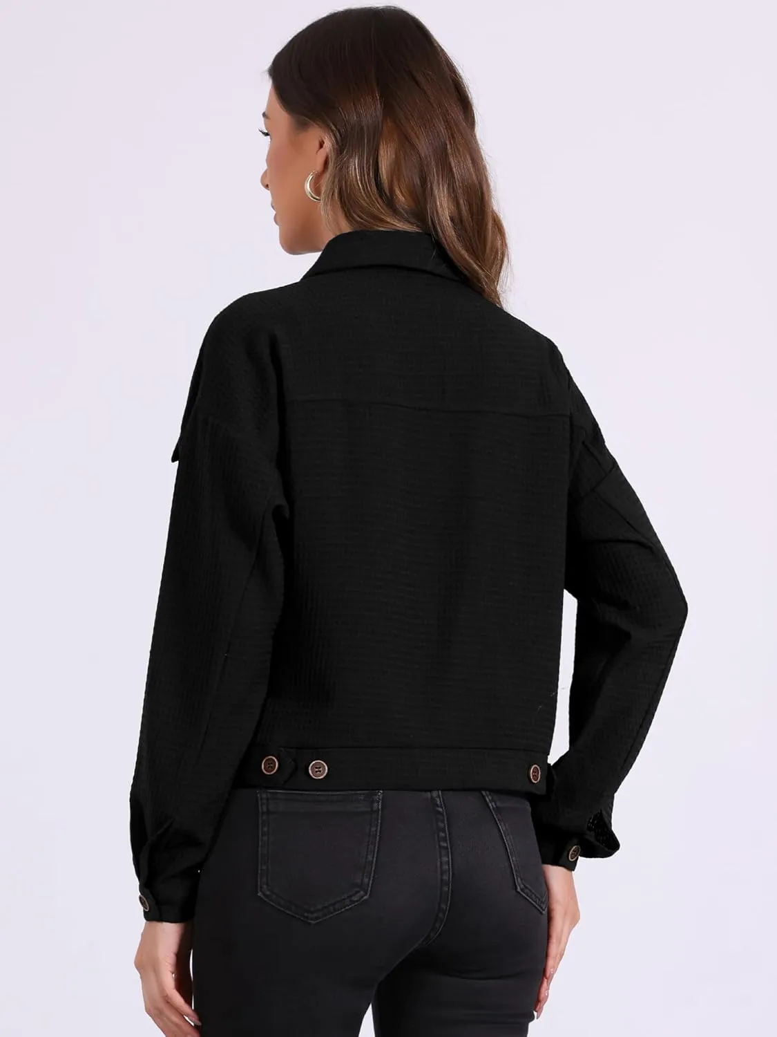 Allegra K Women's Waffle Shacket Jacket Drop Shoulder Pockets Collared Shirt Jackets