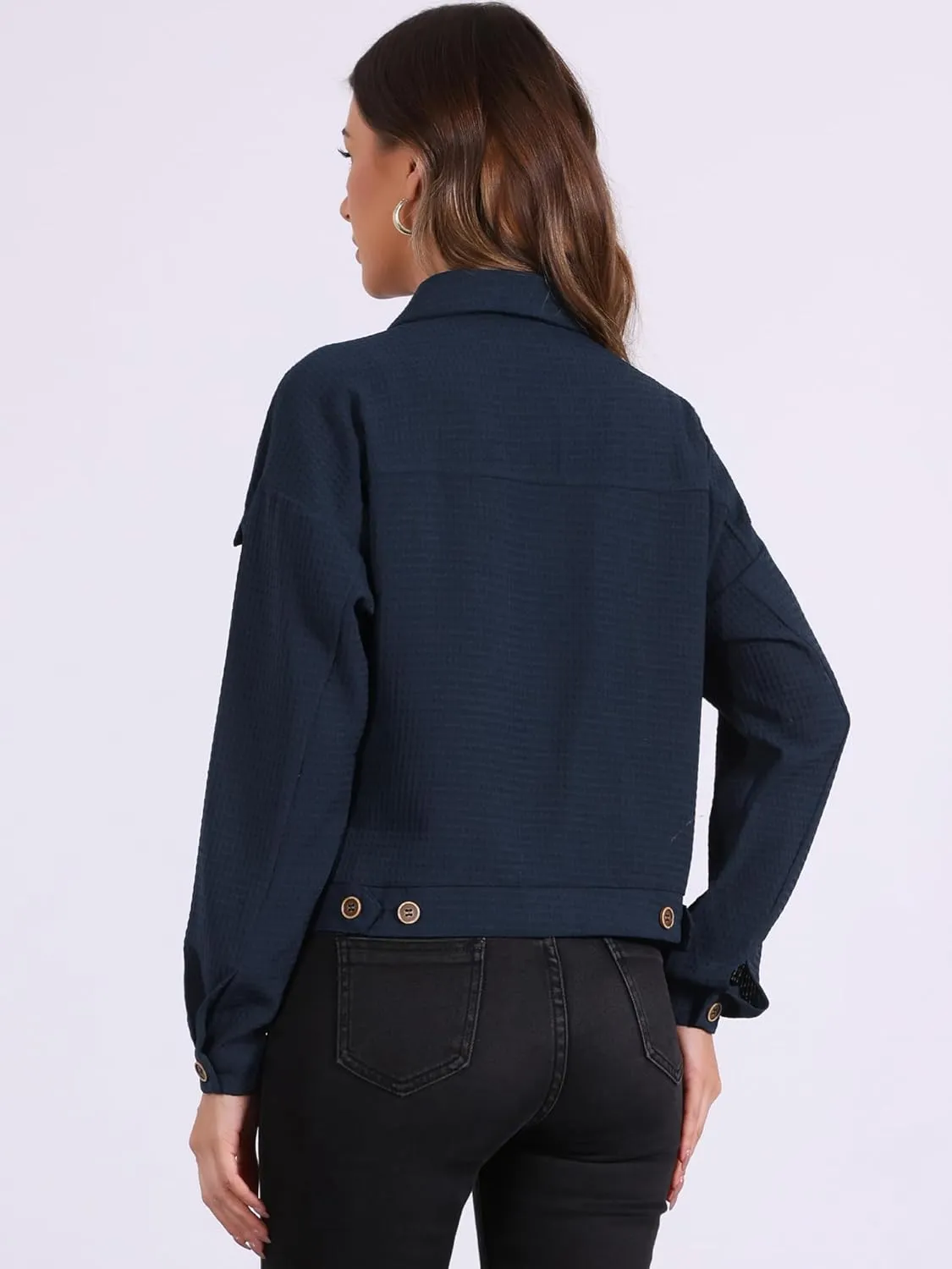 Allegra K Women's Waffle Shacket Jacket Drop Shoulder Pockets Collared Shirt Jackets
