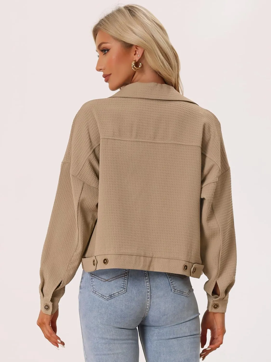 Allegra K Women's Waffle Shacket Jacket Drop Shoulder Pockets Collared Shirt Jackets