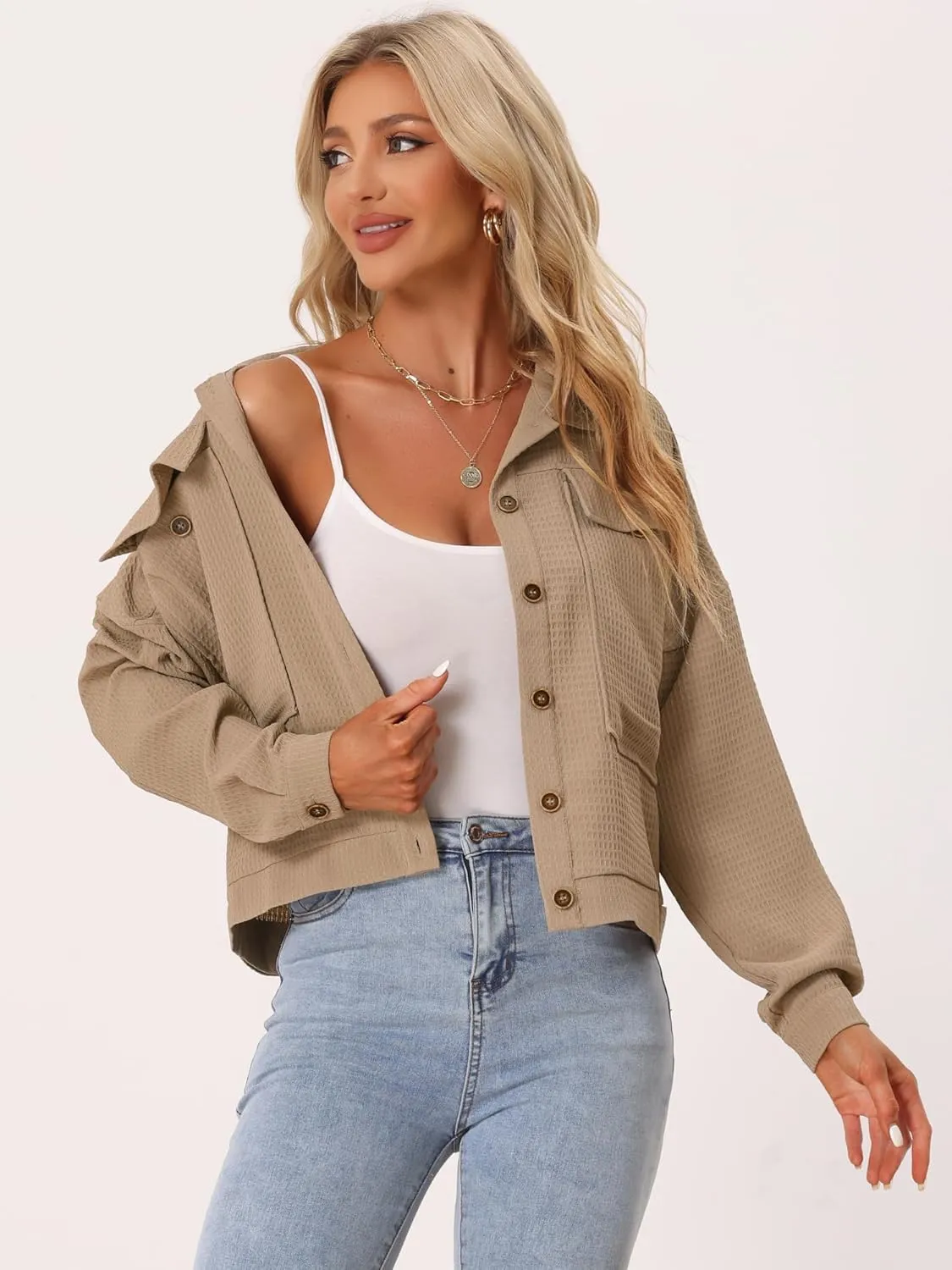 Allegra K Women's Waffle Shacket Jacket Drop Shoulder Pockets Collared Shirt Jackets