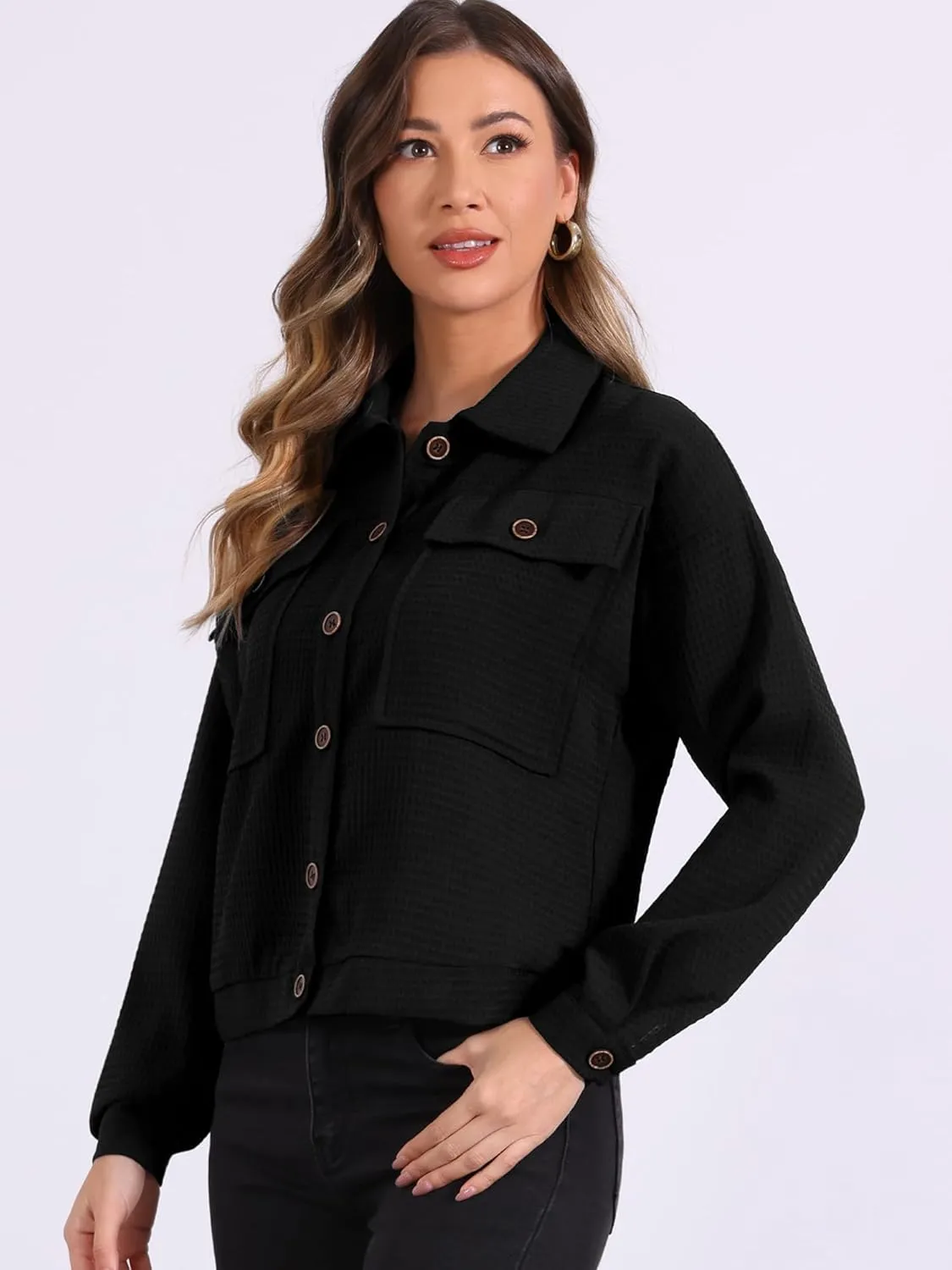 Allegra K Women's Waffle Shacket Jacket Drop Shoulder Pockets Collared Shirt Jackets
