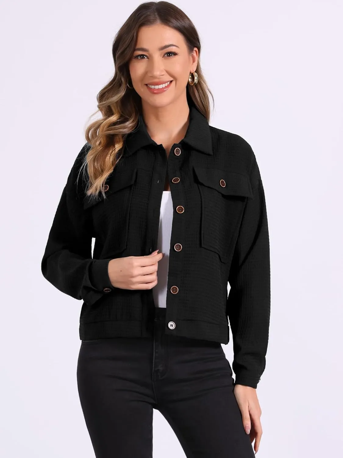 Allegra K Women's Waffle Shacket Jacket Drop Shoulder Pockets Collared Shirt Jackets