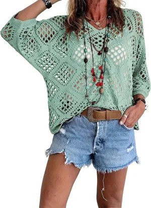 Allimy Womens Summer Crochet Long Sleeve Sexy Tops Sweaters for Women 2025 Beach Cover ups Cruise Outfits