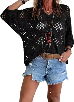 Allimy Womens Summer Crochet Long Sleeve Sexy Tops Sweaters for Women 2025 Beach Cover ups Cruise Outfits