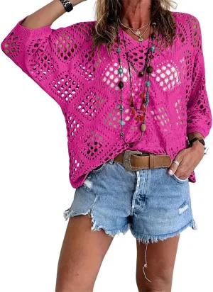 Allimy Womens Summer Crochet Long Sleeve Sexy Tops Sweaters for Women 2025 Beach Cover ups Cruise Outfits