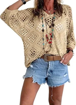 Allimy Womens Summer Crochet Long Sleeve Sexy Tops Sweaters for Women 2025 Beach Cover ups Cruise Outfits