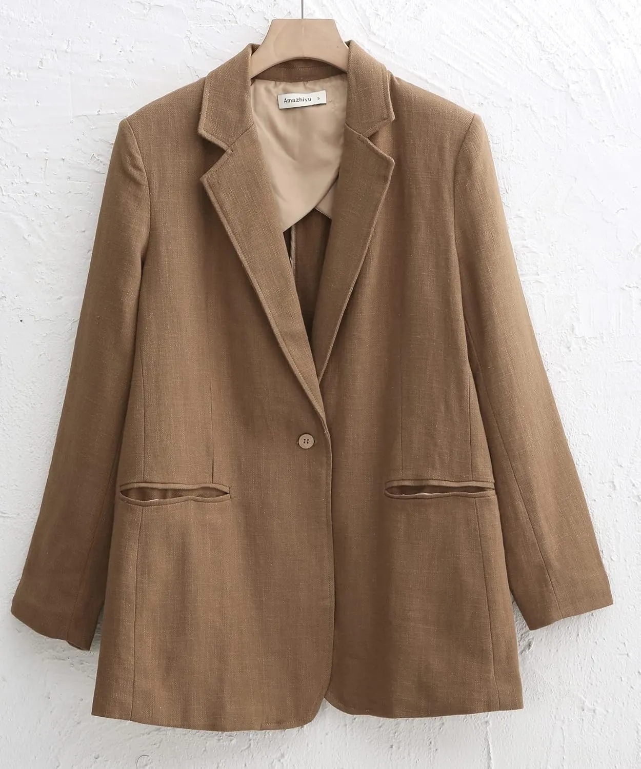 Amazhiyu Womens Ramie Notched Buttoned Blazer Jackets Long Sleeve Casual Office Coat